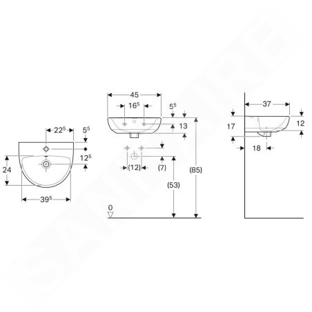 Geberit Selnova - Lave-mains 450x370 mm, avec un trou de robinetterie, avec trop-plein, blanc 500.324.01.7