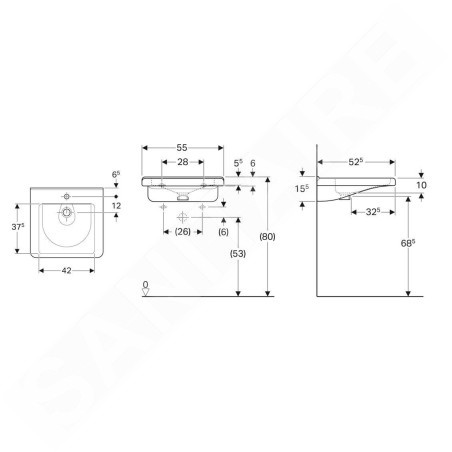 Geberit Selnova Comfort - Lavabo Square, 550x525 mm, pour personne à mobilité réduite, avec un trou de robinetterie, sans