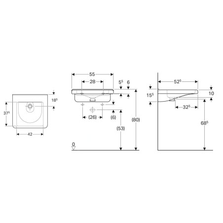 Geberit Selnova Comfort - Lavabo Square, 550x525 mm, pour personne à mobilité réduite, sans trou de robinetterie, sans