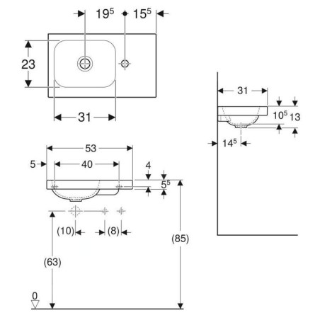 Geberit iCon - Lave-mains 53x31 cm, sans trop-plein, trou pour robinetterie à droite, blanc mat 501.832.JT.1
