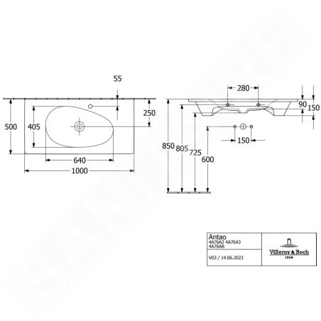 Villeroy & Boch Antao - Meuble lavabo 100x50 cm, avec trop-plein, trou de robinetterie, CeramicPlus, blanc alpin 4A76ABR1