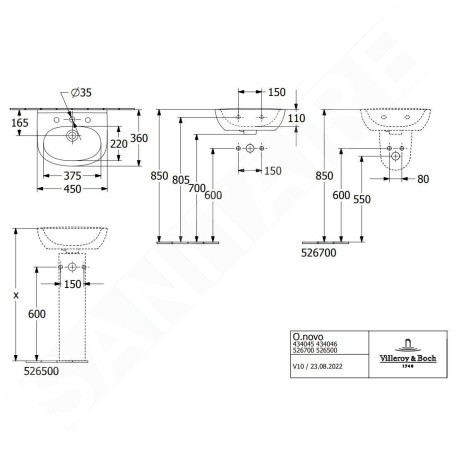 Villeroy & Boch O.novo - Lave-mains 45x36 mm, avec trop-plein, avec trou pour robinetterie, blanc alpin 43404501