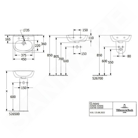 Villeroy & Boch O.novo - Lave-mains 45x36 mm, avec trop-plein, avec trou de robinetterie, CeramicPlus, blanc alpin 434045R1