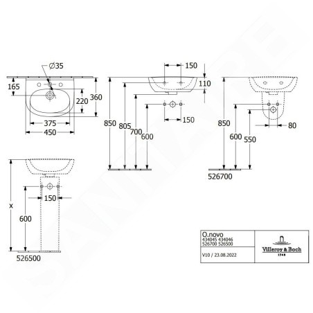 Villeroy & Boch O.novo - Lave-mains 45x36 mm, sans trop-plein, avec trou de robinetterie, CeramicPlus, blanc alpin 434046R1
