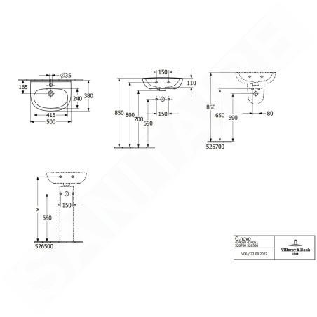 Villeroy & Boch O.novo - Lave-mains 50x38 mm, avec trop-plein, avec trou de robinetterie, blanc alpin 43405001