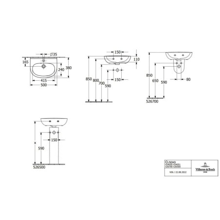 Villeroy & Boch O.novo - Lave-mains 50x38 mm, avec trop-plein, avec trou de robinetterie, CeramicPlus, blanc alpin 434050R1