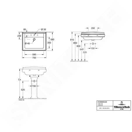 Villeroy & Boch Hommage - Lavabo 750x580 mm, avec trop-plein, trou de robinetterie, CeramicPlus, Pure Black 710175R7