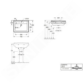 Villeroy & Boch Hommage - Lavabo 75x58 cm, avec trop-plein, 3 trous de robinetterie, CeramicPlus, Pure Black 7101A1R7