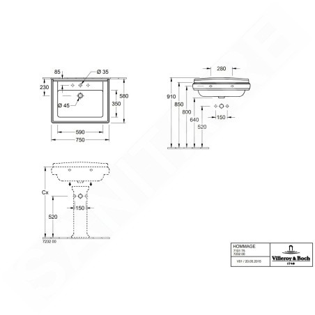 Villeroy & Boch Hommage - Lavabo 75x58 cm, avec trop-plein, 3 trous de robinetterie, CeramicPlus, Pure Black 7101A1R7