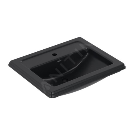 Villeroy & Boch Hommage - Lavabo 630x525 mm, avec trop-plein, trou de robinetterie, CeramicPlus, Pure Black 710263R7