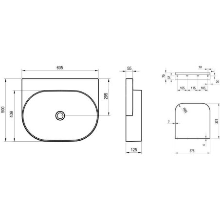 Ravak Yard - Lavabo 605x500 mm, sans trop-plein, sans trou pour robinet, noir mat XJX0D060000
