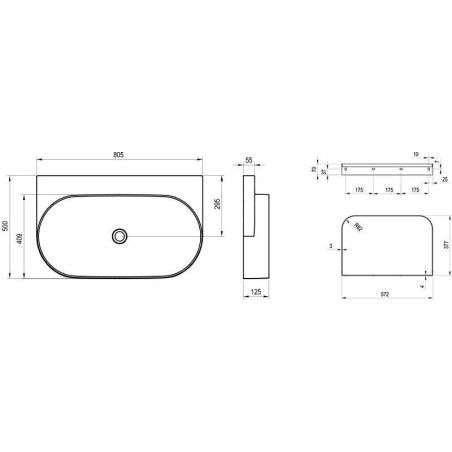 Ravak Yard - Lavabo 805x500 mm, sans trop-plein, sans trou pour robinet, noir mat XJX0D080000