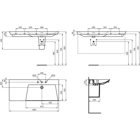Ideal Standard La Dolce Vita - Lavabo, 54x126 cm, droite, avec trop-plein, 3 trous pour robinetterie, blanc E269701