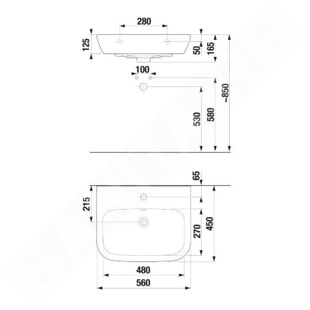 Jika Deep - Lavabo 56x45 cm, avec trop-plein, trou pour robinetterie, blanc H8103670001041