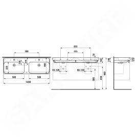 Laufen Meda - Double-lavabo, 130x46 cm, avec trop-plein, 2 trous pour robinetterie, blanc H8141120001041