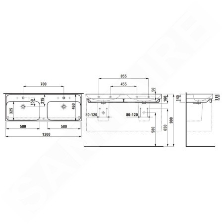 Laufen Meda - Double-lavabo, 130x46 cm, avec trop-plein, 2 trous pour robinetterie, blanc H8141120001041
