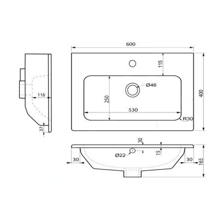 Sapho Lavabos - Lavabo 600x400 mm, avec trop-plein, trou pour robinet, blanc 44060