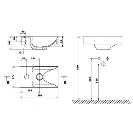 Sapho Small - Lave-mains Piccolino 308x170 mm, sans trop-plein, trou de robinetterie à gauche, blanc PK300