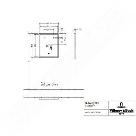 Villeroy & Boch Subway 3.0 - Miroir avec cadre et éclairage LED, 60x75 mm, capteur tactile A4636000