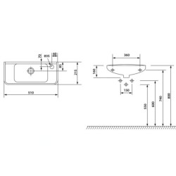 Aqualine Small - Lave-mains murale 510x215 mm, avec 1 trou à droite, blanc 10TP70051