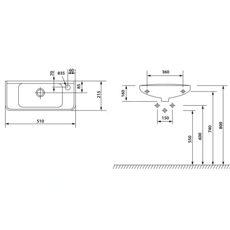 Aqualine Small - Lave-mains murale 510x215 mm, avec 1 trou à droite, blanc 10TP70051