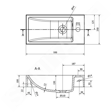 Sapho Small - Lavabo Ariana 500x100x250 mm, robinet à droite, blanc SM016