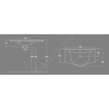 Aqualine Zara - Lavabo 795x460 mm, avec trop-plein, trou pour robinet, blanc 10080