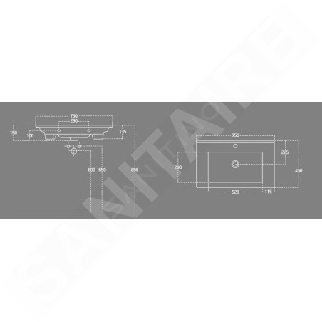 Aqualine Zuno - Lavabo 750x450 mm, avec trop-plein, trou pour robinet, blanc 9075