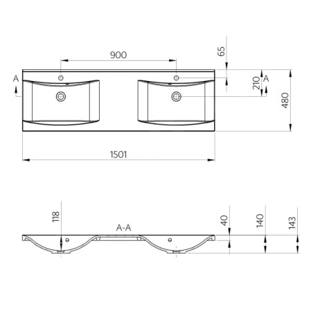 Sapho Lucia - Meuble double vasque 1500x480 mm, avec trop-plein et 2 trous pour la robinetterie, blanc 50154