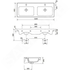 Cersanit Crea - Lavabo double 121x46 cm, avec trop-plein, 2 trous pour robinetterie, blanc K673-006
