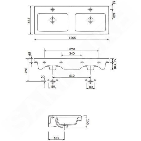 Cersanit Crea - Lavabo double 121x46 cm, avec trop-plein, 2 trous pour robinetterie, blanc K673-006
