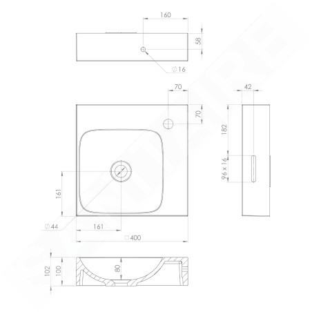 Sapho Lavabos - Lave-main 40x40 mm, sans trop-plein, trou pour robinet, blanc EN040R
