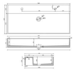 Sapho Quadrado - Double-lavabo 960x440 mm, sans trop-plein, 2 trous pour robinet, granit noir AR473