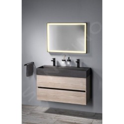 Sapho Quadrado - Double-lavabo 960x440 mm, sans trop-plein, 2 trous pour robinet, granit noir AR473