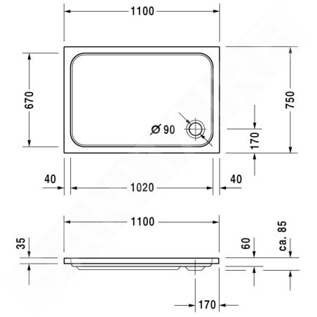 Duravit D-Code - Receveur de douche 1100x750 mm, Antislip, blanc alpin 720097000000001