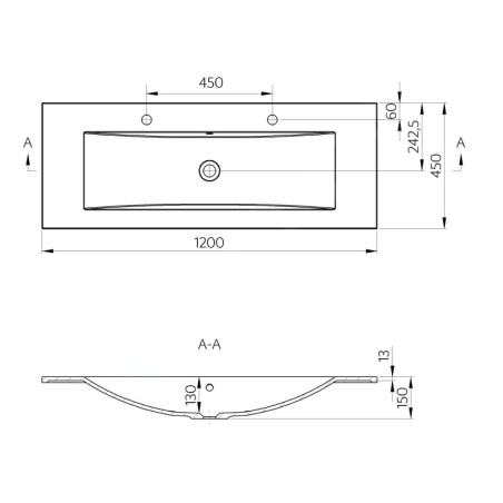 Sapho Yukon - Double-lavabo 1200x450 mm, avec trop-plein, 2 trous pour robinet, blanc YU122