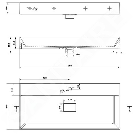 Sapho Godiva - Lavabo 960x440 mm, sans trop-plein, trou pour robinetterie, blanc GU096