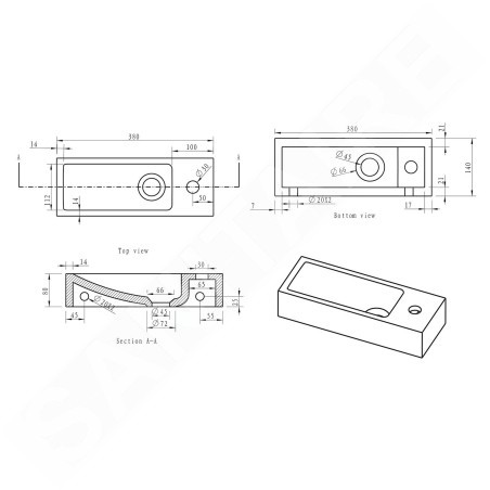 Sapho Blok - Lave-main 380x140 mm, sans trop-plein, trou pour robinet, anthracite 2401-31
