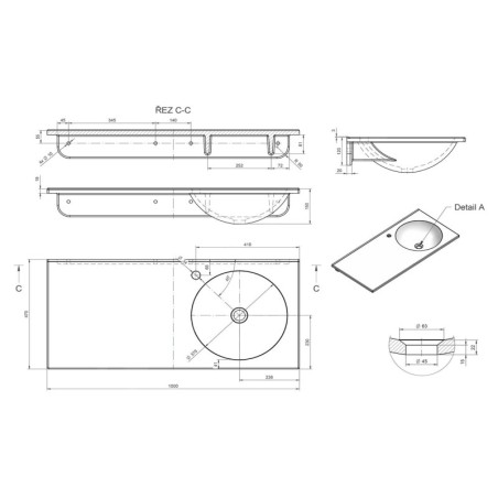 Sapho Juno - Lavabo 1000x150x470 mm, sans trop-plein, trou de robinetterie à gauche, blanc JU102