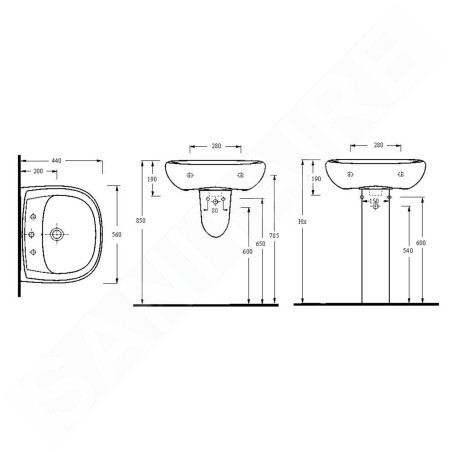 Aqualine Céramique - Lavabo 560x440 mm, avec trop-plein, trou pour robinet, blanc 17561