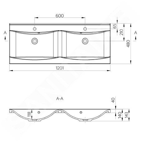 Sapho Lucia - Lavabo double 1200x500 mm, marbre coulé, blanc 50122