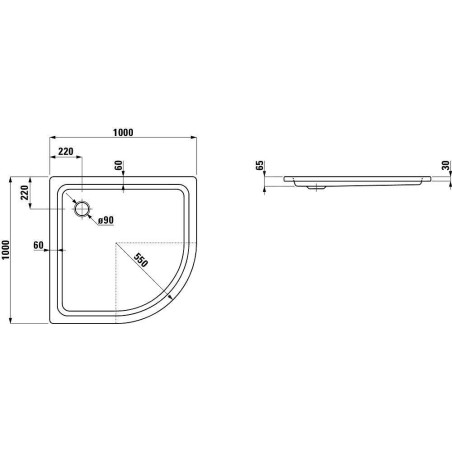 Laufen Platina - Receveur de douche quart de cercle, 1000 x 1000 mm - avec pastilles antibruit, blanc/antislip H2150196000401